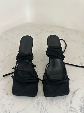 Black Lace-Up Square Toe Women's Sandals